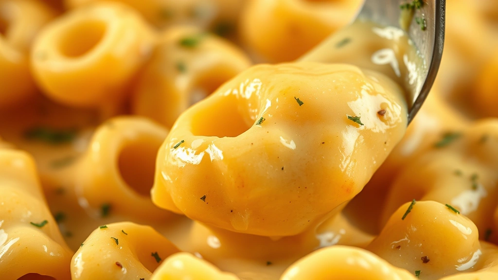 detail: close-up macro shot of creamy cheese sauce clinging to individual elbow pasta piece, photorealistic, warm natural light, no text