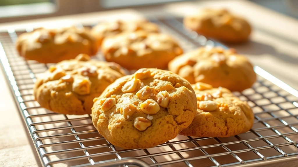 hero: golden macadamia cookies cooling on wire rack with visible macadamia nut pieces and light sprinkle of sea salt, warm afternoon sunlight streaming across, shallow depth of field, professional food photography