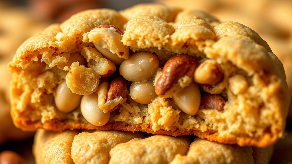 detail: close-up macro shot of single macadamia cookie broken in half showing chewy center and macadamia nuts throughout, golden brown edges crispy texture visible, shallow focus with warm lighting