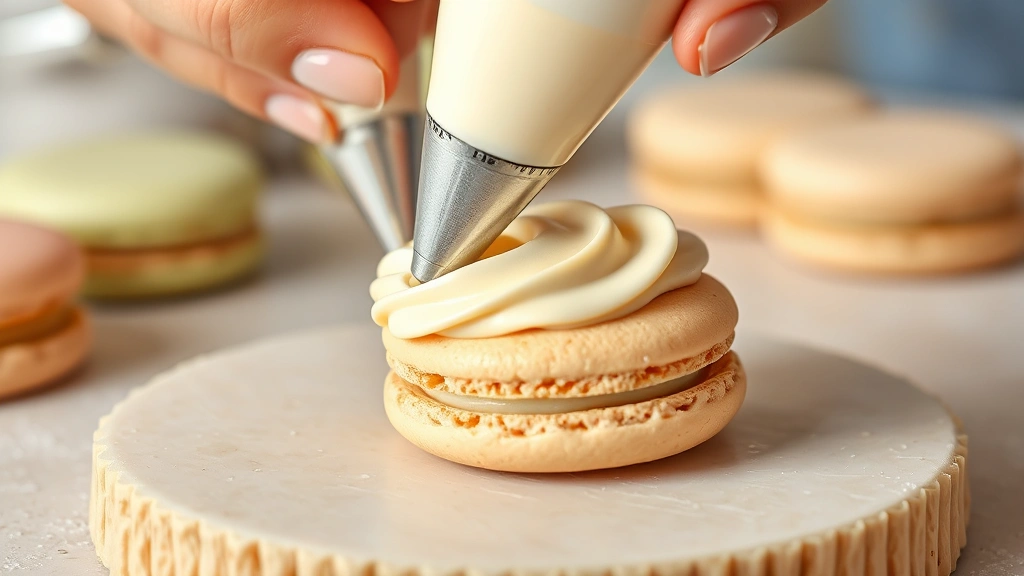 process: hands piping creamy buttercream filling between two delicate macaron shells using a piping bag, close-up side view, photorealistic, natural daylight, no text
