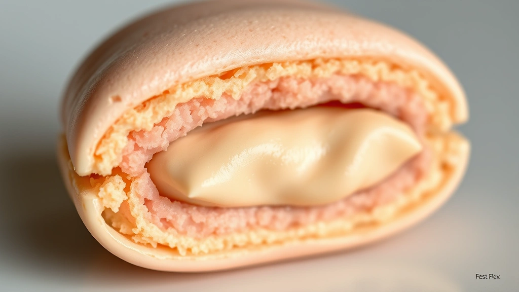 detail: extreme close-up of cross-section of a single macaron showing smooth layers of delicate almond shell and creamy filling with perfect distribution, photorealistic, soft natural light, no text