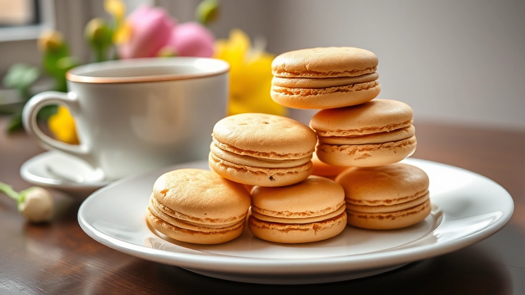 hero: golden brown macaroon biscuits stacked on a white ceramic plate with a cup of coffee and fresh flowers in background, photorealistic, natural window light, no text