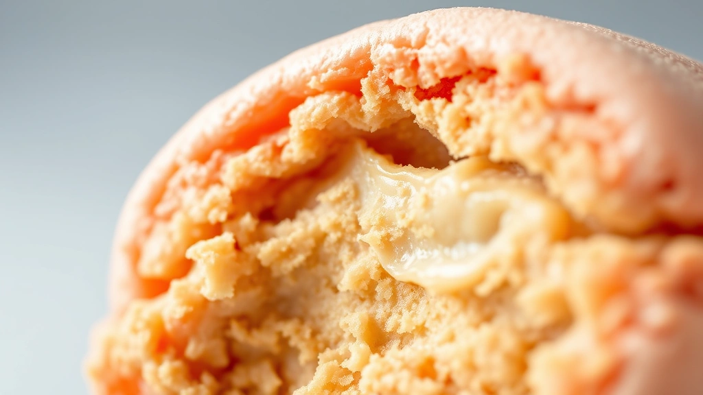 detail: close-up cross-section of a macaroon biscuit showing crispy exterior and chewy center texture, photorealistic, macro photography with natural light, no text