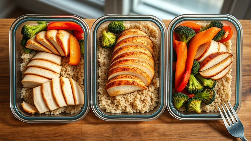 hero: Five meal prep containers filled with sliced grilled chicken breast, fluffy brown rice, and colorful roasted broccoli and peppers, photorealistic, natural window lighting, wooden table background, no text