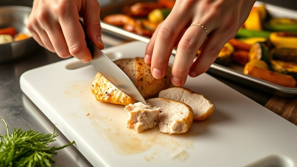 process: Hands slicing cooked chicken breast on a cutting board, roasted vegetables on a baking sheet in background, photorealistic, bright kitchen lighting, no text