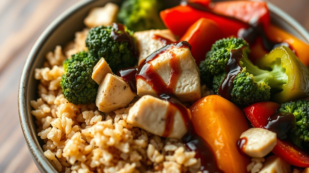 detail: Close-up of single meal prep bowl showing layers of brown rice, diced chicken, broccoli florets, and bell peppers with balsamic glaze, photorealistic, shallow depth of field, natural light, no text