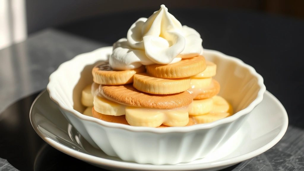 hero: elegant magnolia bakery banana pudding dessert in white ceramic dish, layers of vanilla wafers and bananas visible, topped with fluffy whipped cream, afternoon natural light streaming from left, soft shadows, professional bakery style plating, no text