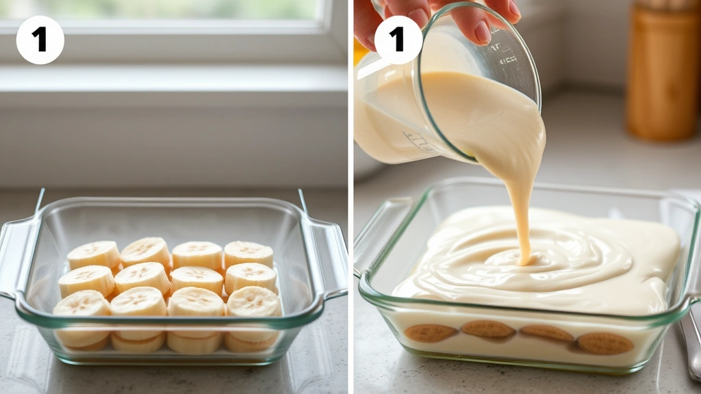 process: hands layering vanilla wafers and banana slices in glass baking dish, pouring creamy vanilla pudding, natural kitchen window light, close action shot, no text
