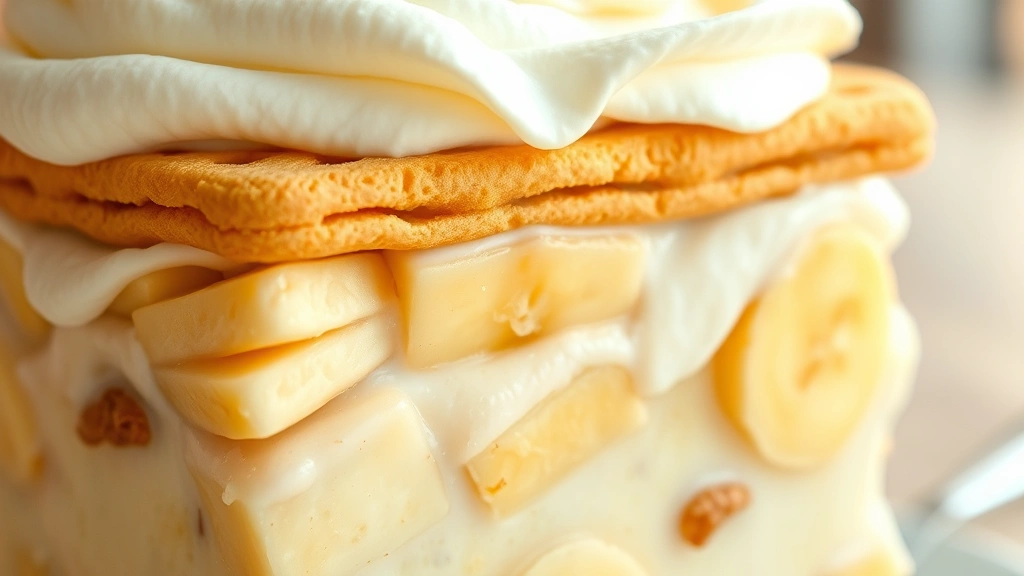 detail: close-up cross-section of banana pudding showing distinct layers of vanilla wafers, creamy pudding, fresh banana slices, and whipped cream, shallow depth of field, golden afternoon light, no text