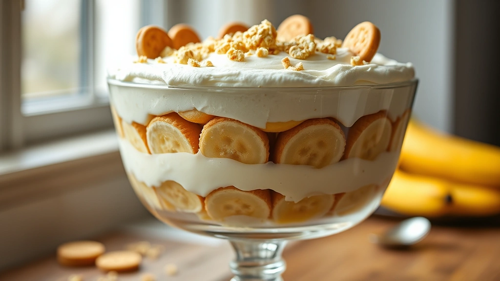 hero: elegant layered banana pudding in glass trifle dish, creamy white whipped cream topping with crushed vanilla wafers, fresh banana slices visible between layers, natural window light, soft focus background, professional bakery presentation
