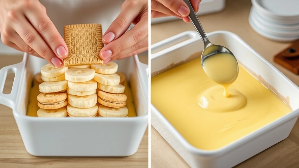 process: hands layering vanilla wafers and banana slices into custard in baking dish, warm custard being spooned, natural kitchen lighting, in-progress assembly shot showing beautiful layers