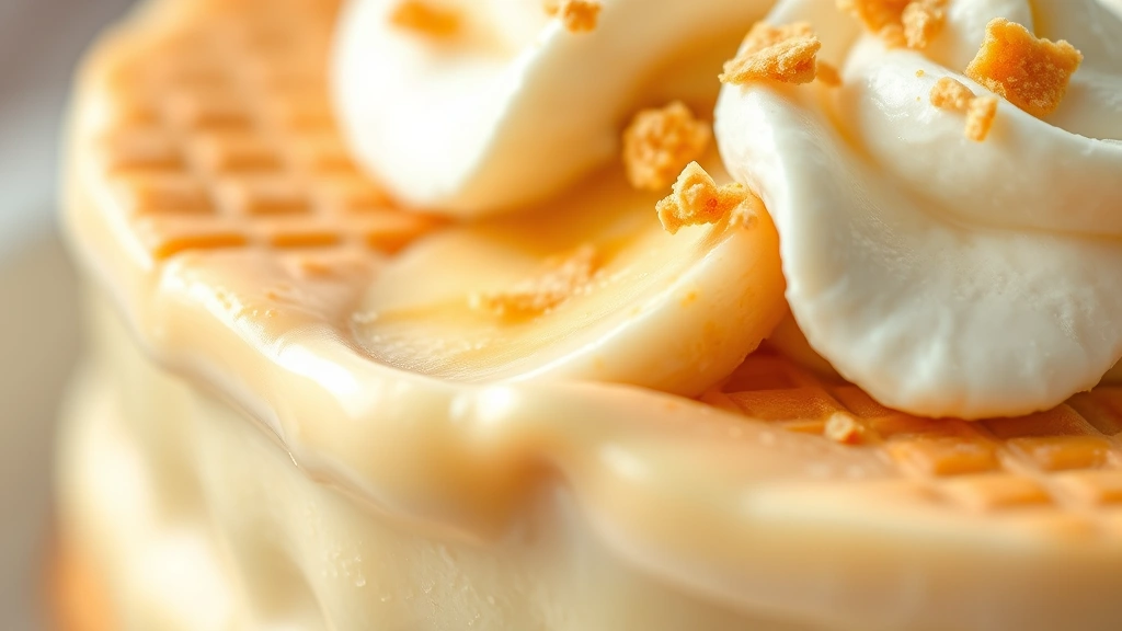 detail: close-up macro of creamy custard layer meeting vanilla wafer and banana slice, whipped cream dollop with crushed wafer garnish, shallow depth of field, golden vanilla wafer texture visible, luxurious food photography