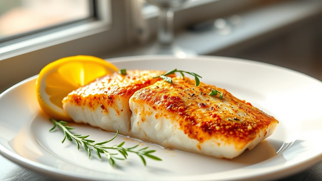 hero: golden-brown baked mahi mahi fillet on white plate with lemon slices and fresh herbs garnish, steaming, natural window light, professional food photography, shallow depth of field