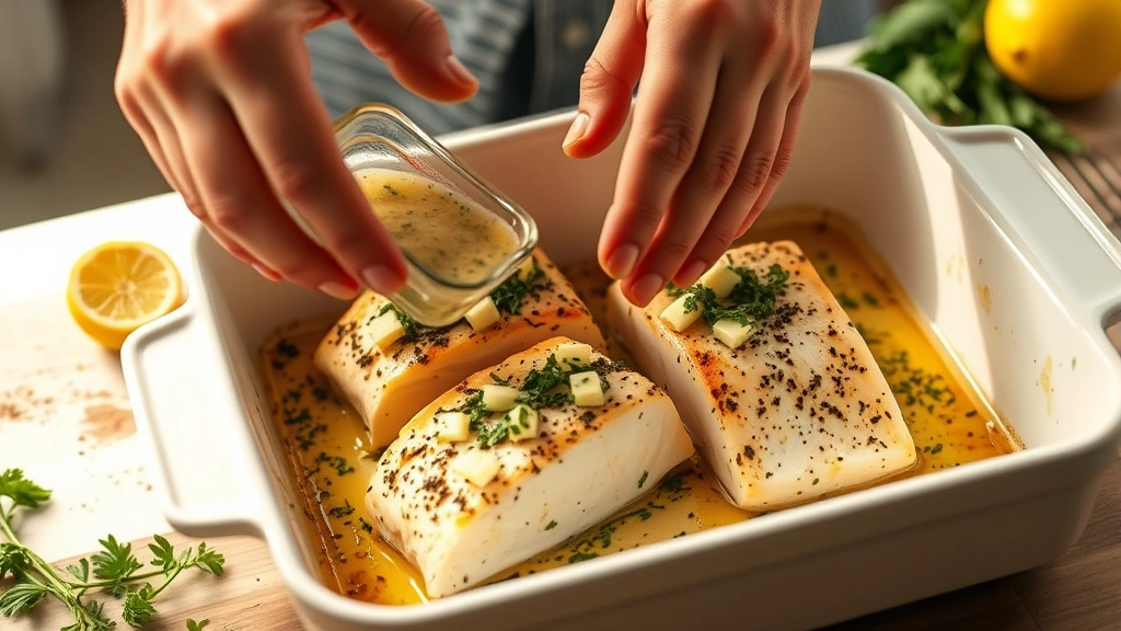process: hands preparing mahi mahi fillets in baking dish, spreading herb butter mixture over fish, fresh herbs and lemon visible, warm kitchen lighting, action shot