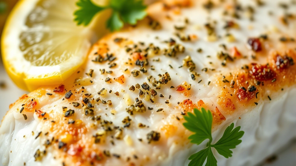 detail: close-up of perfectly cooked mahi mahi fillet showing flaky texture, golden crust with herb topping, lemon slice and fresh parsley, macro photography, natural daylight