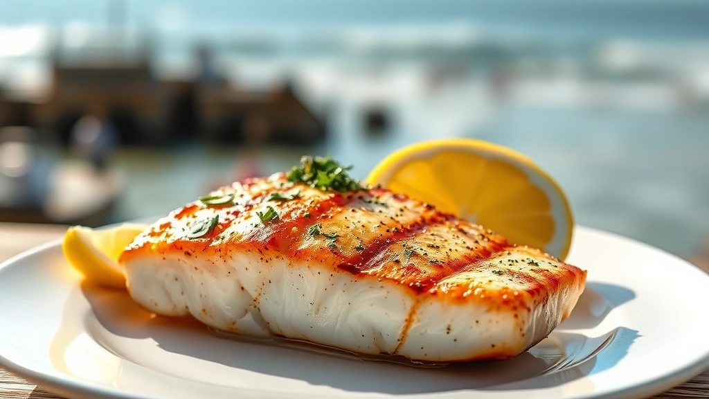 hero: grilled mahi mahi fillet on white plate, golden crust visible, fresh lemon wedge, herbs sprinkled on top, natural sunlight from side, coastal beach setting blurred in background, photorealistic, no text