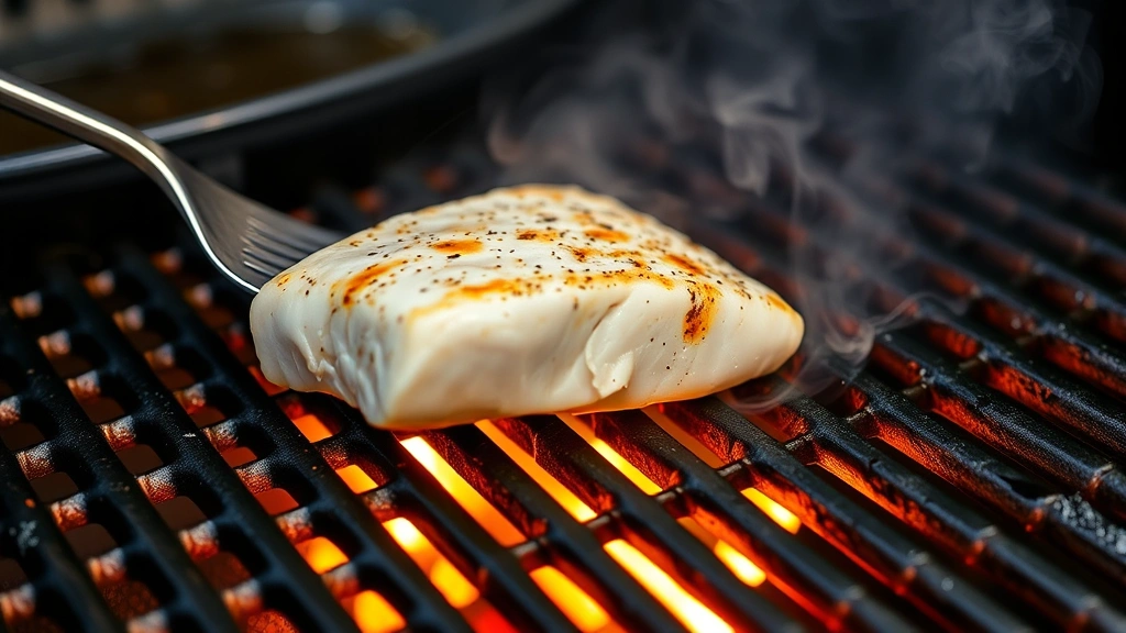 process: mahi mahi fillet being flipped on hot grill grates with metal spatula, visible grill marks forming, steam rising, bright flames underneath, photorealistic action shot, natural lighting, no text