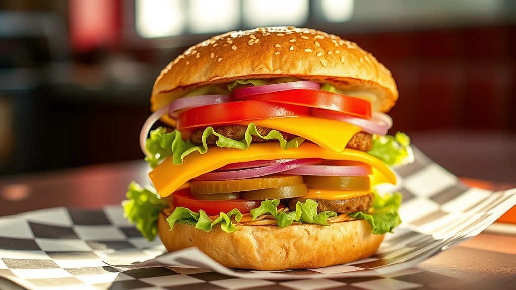 hero: Maid-Rite sandwich stacked with melted cheese, fresh lettuce, tomato, onion and pickles on a soft bun, photorealistic, natural sunlight streaming from the side, sandwich photographed on a vintage diner-style checkered paper, no text