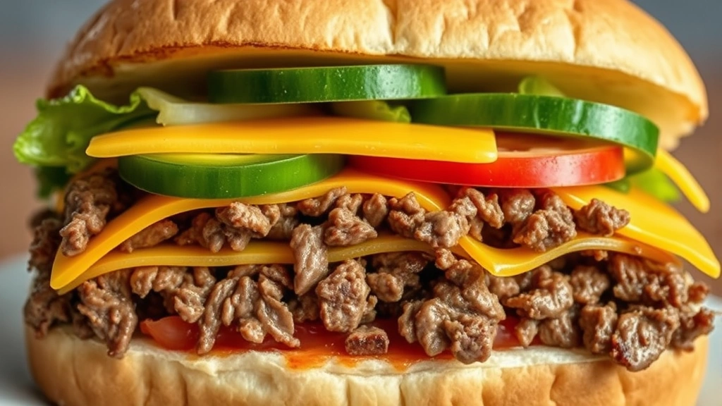 detail: close-up cross-section of assembled Maid-Rite sandwich showing layers of crumbly beef, melted American cheese, fresh vegetables and soft bun, photorealistic, natural daylight, no text