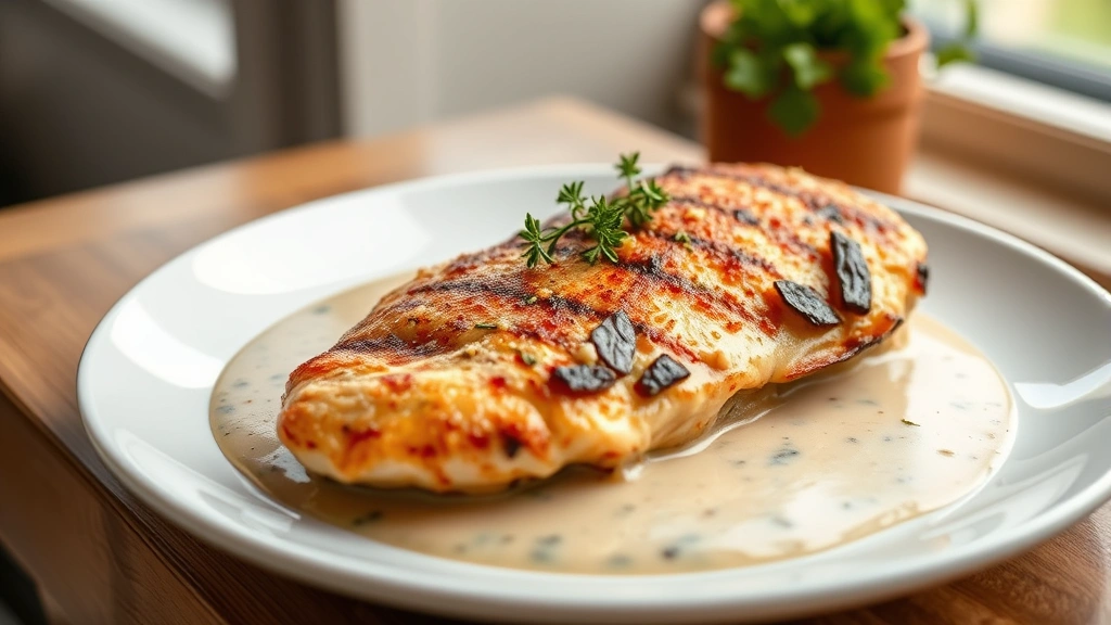 hero: golden-brown pan-seared chicken breast in creamy sauce with fresh thyme garnish, elegant plating on white plate, natural window light, shallow depth of field, professional food photography