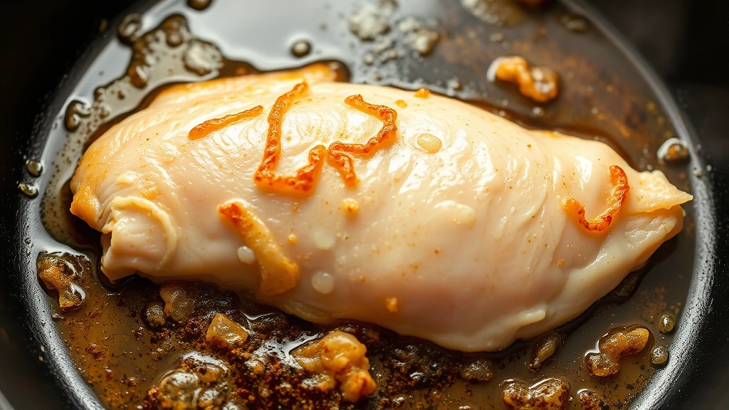 process: chicken breast sizzling in hot skillet with oil, golden crust forming, steam rising, close-up action shot, natural lighting from above