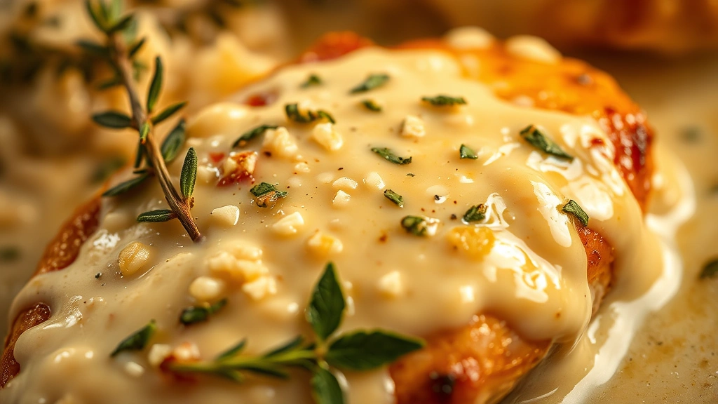 detail: close-up of creamy sauce coating chicken with fresh thyme leaves and Parmesan cheese, shallow depth of field, warm golden lighting, droplets of sauce visible