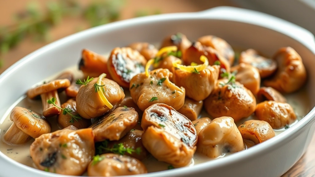 hero: golden-brown sautéed maitake mushroom clusters in cream and herb sauce, garnished with fresh thyme and lemon zest, in a white ceramic serving dish, photorealistic, natural window light, no text, professional food photography