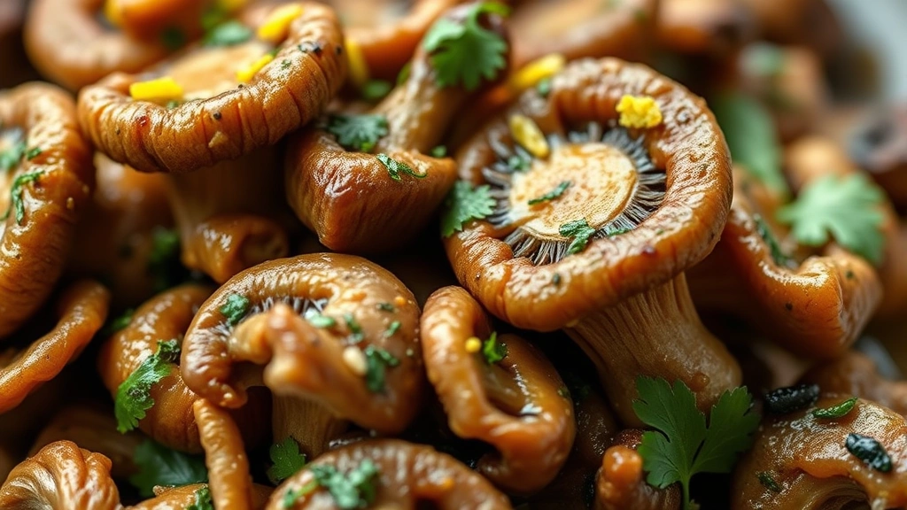 detail: close-up of tender maitake mushroom fronds with herb-infused sauce, fresh parsley and thyme visible, lemon zest garnish, photorealistic, macro photography, soft natural light, no text