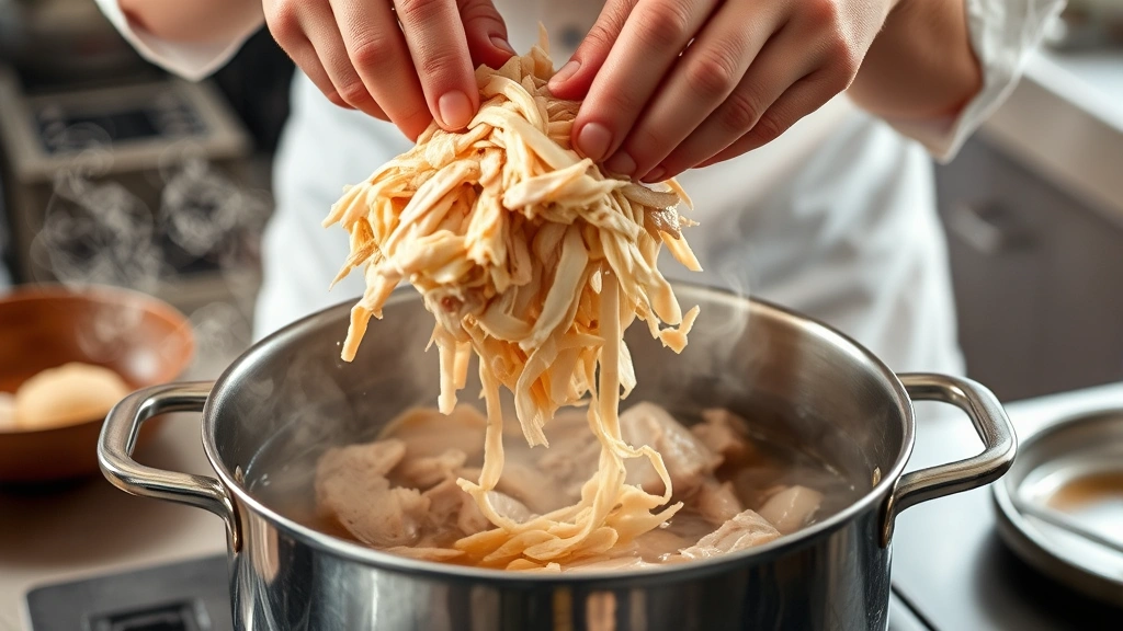 process: chef's hands shredding poached chicken over a pot of steaming broth, close action shot, steam rising, natural kitchen light, professional food photography style, no text