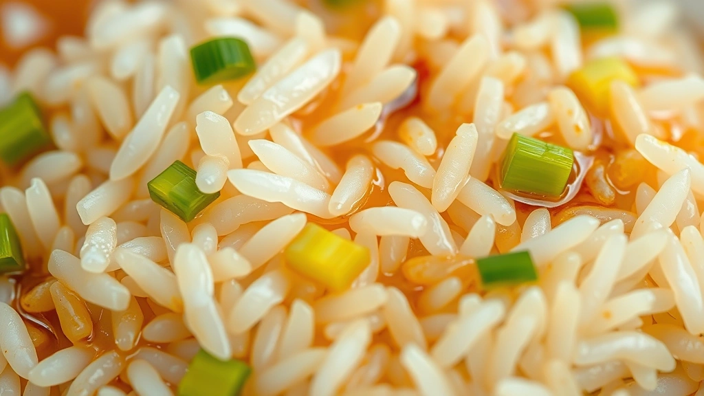 detail: close-up macro shot of perfectly cooked jasmine rice grains infused with broth, sesame oil sheen, green onion pieces visible, shallow depth of field, warm lighting, no text