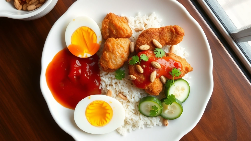hero: overhead shot of nasi lemak plated on white ceramic plate, golden fried chicken pieces, halved hard-boiled eggs, cucumber slices, vibrant red sambal, roasted peanuts scattered on top, fresh cilantro garnish, natural window light, no text or watermarks
