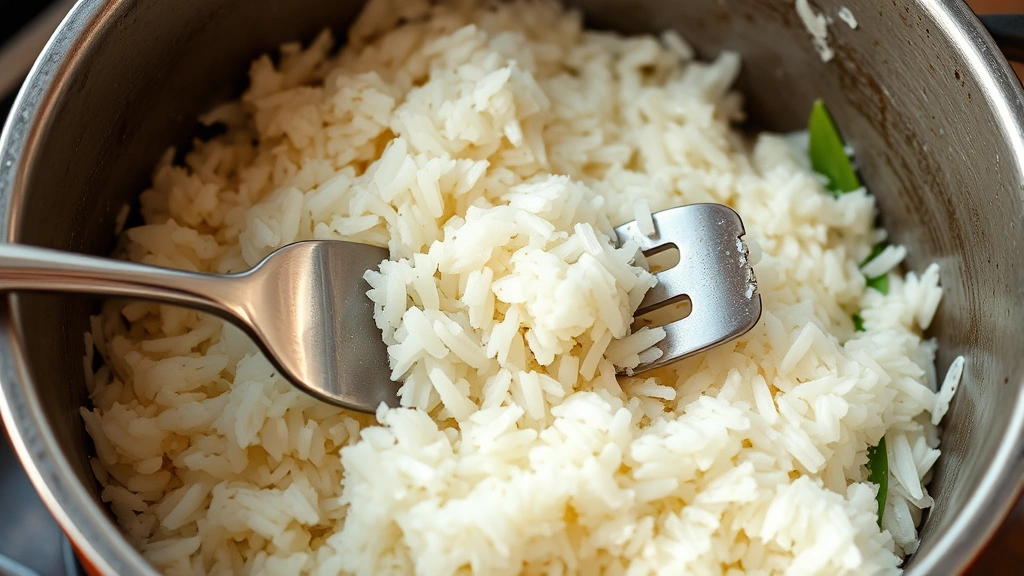 process: close-up of coconut rice being fluffed with fork in pot, steam rising, pandan leaves visible, warm lighting, no text or watermarks