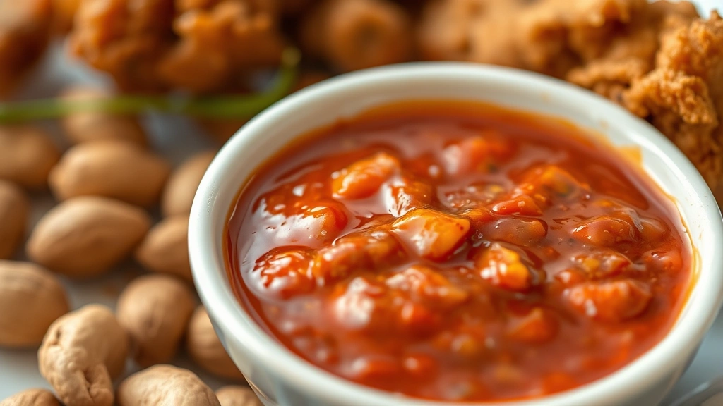 detail: extreme close-up of sambal paste in small white bowl with crispy fried chicken pieces and roasted peanuts beside it, shallow depth of field, natural light, no text or watermarks