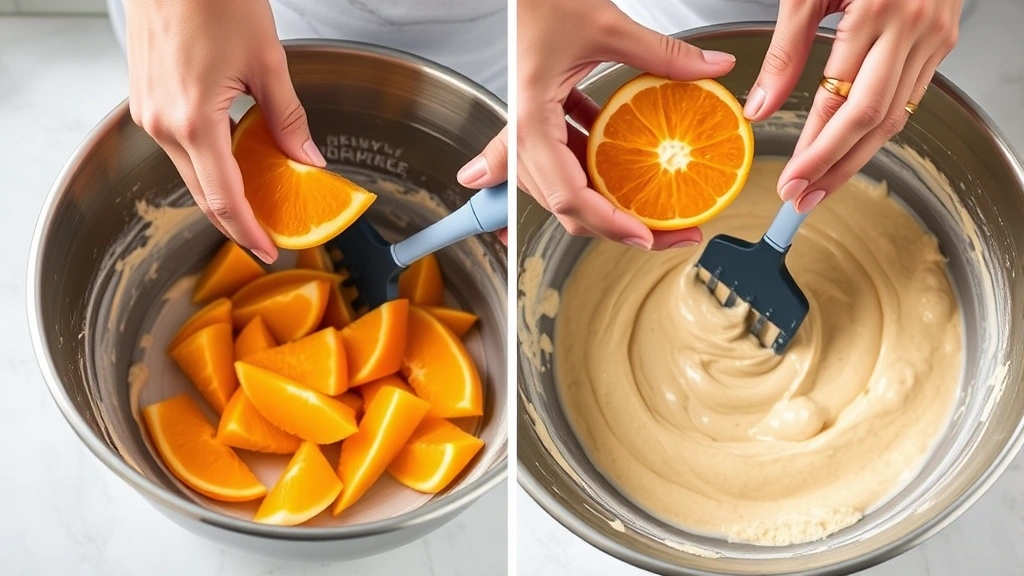 process: hands folding mandarin orange segments into cake batter with rubber spatula, stainless steel mixing bowl, natural kitchen light, close overhead angle, no text