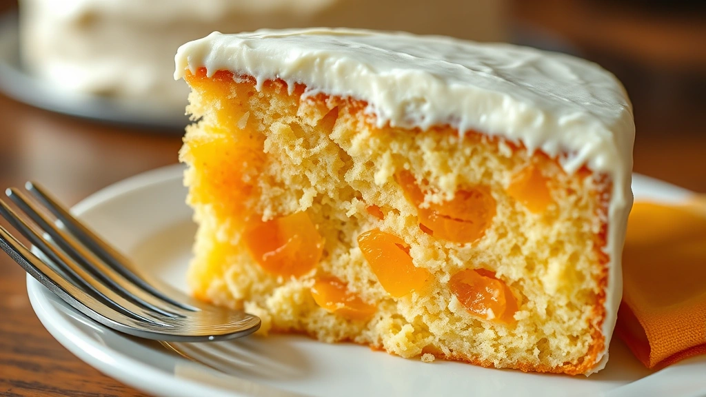 detail: close-up cross-section of mandarin orange cake slice showing mandarin pieces throughout moist crumb, cream cheese frosting layer visible, fork beside, warm natural light, no text