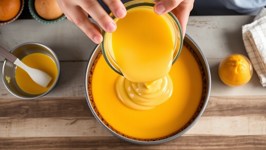process: hands pouring smooth mango-tinted cheesecake batter into springform pan with baked crust, natural kitchen lighting, overhead angle, professional food photography