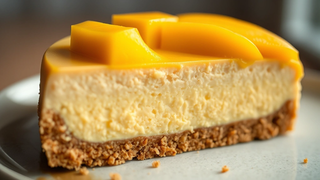 detail: close-up cross-section of cheesecake showing three distinct layers - golden graham cracker crust, creamy mango-colored filling, fresh mango topping, macro photography, warm natural light