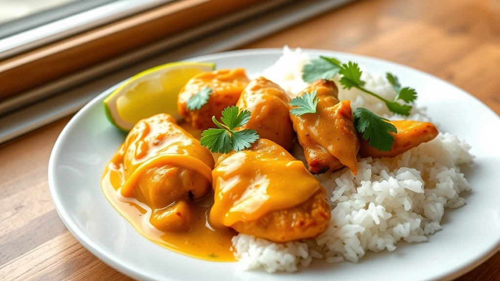 hero: plated mango chicken dish with glossy golden sauce, fresh cilantro garnish, lime wedge, served on white plate with rice, photorealistic, natural window light, no text