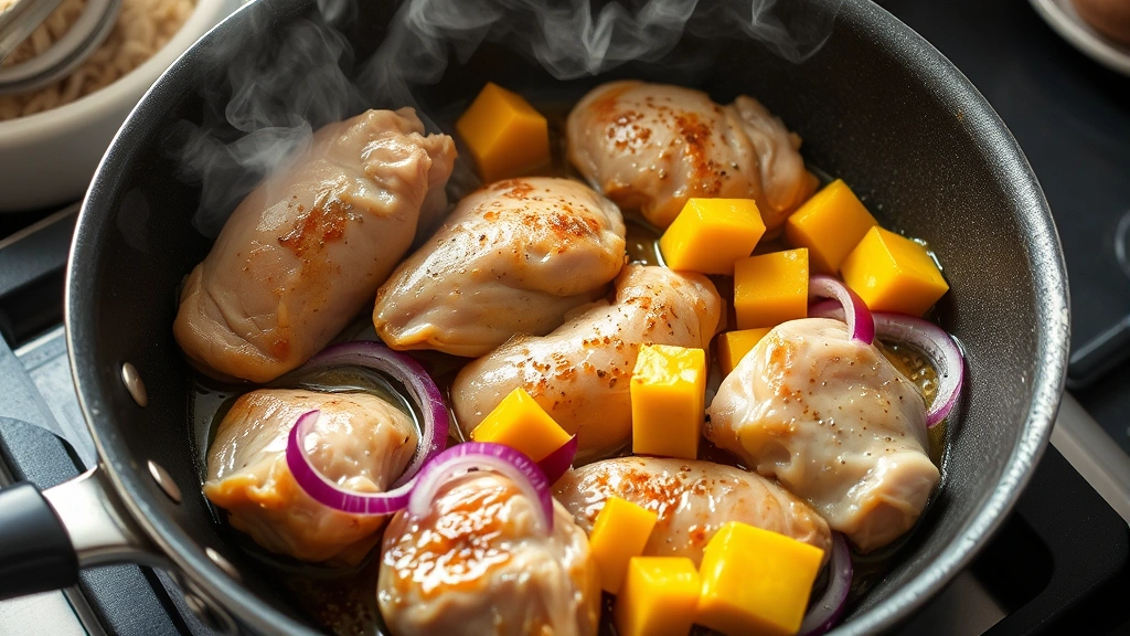 process: chicken pieces browning in skillet with sliced red onions and mango cubes, steam rising, photorealistic, natural kitchen light, no text