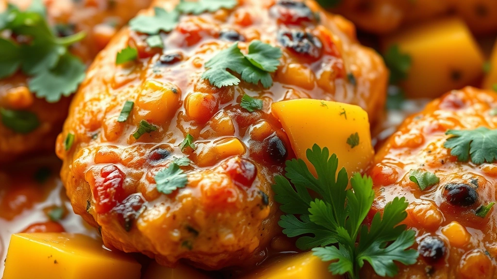 detail: close-up of tender chicken coated in vibrant mango sauce with visible mango pieces and fresh cilantro, photorealistic, macro photography, natural light, no text
