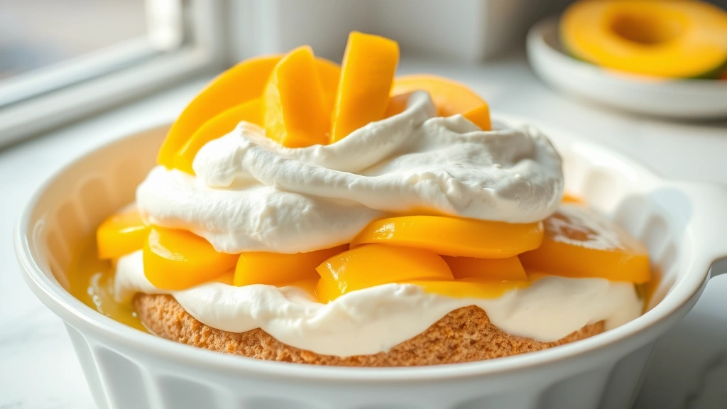 hero: beautiful mango float dessert in a white baking dish, layers of cream and graham crackers visible, fresh mango slices on top, natural window light, bright and airy, no text or watermarks