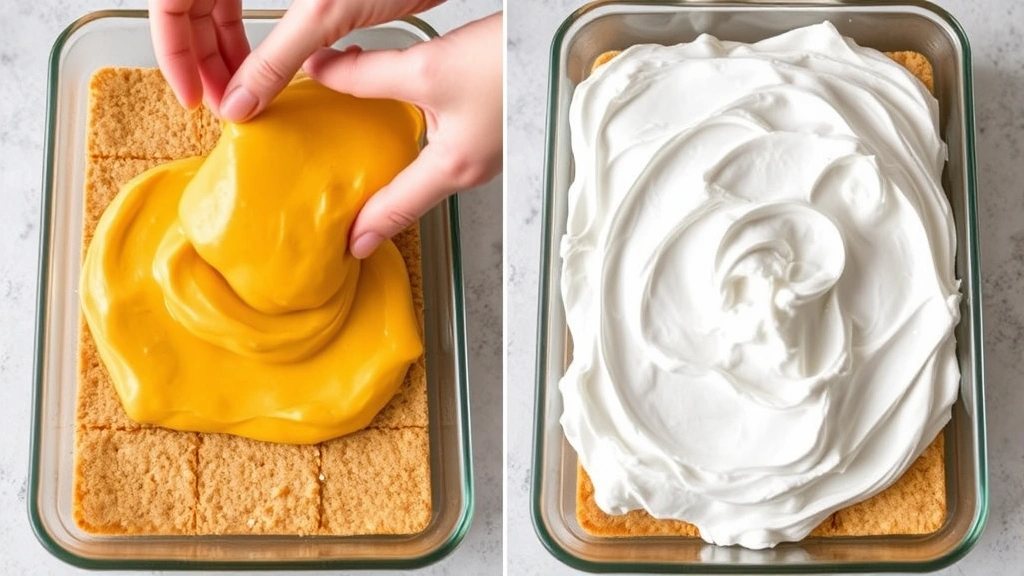 process: hands layering mango cream mixture over graham crackers in a baking dish, whipped cream texture visible, natural daylight from side, overhead angle, no text