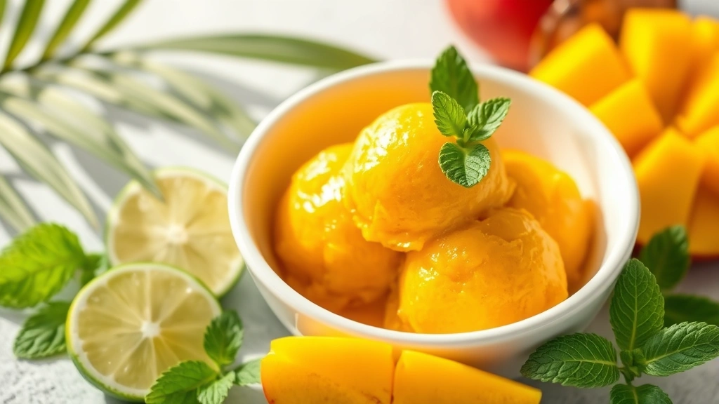 hero: vibrant golden mango sorbet scoops in white ceramic bowl, fresh mango slices arranged beside it, lime wedges, green mint leaves, bright tropical setting, photorealistic, natural sunlight, no text