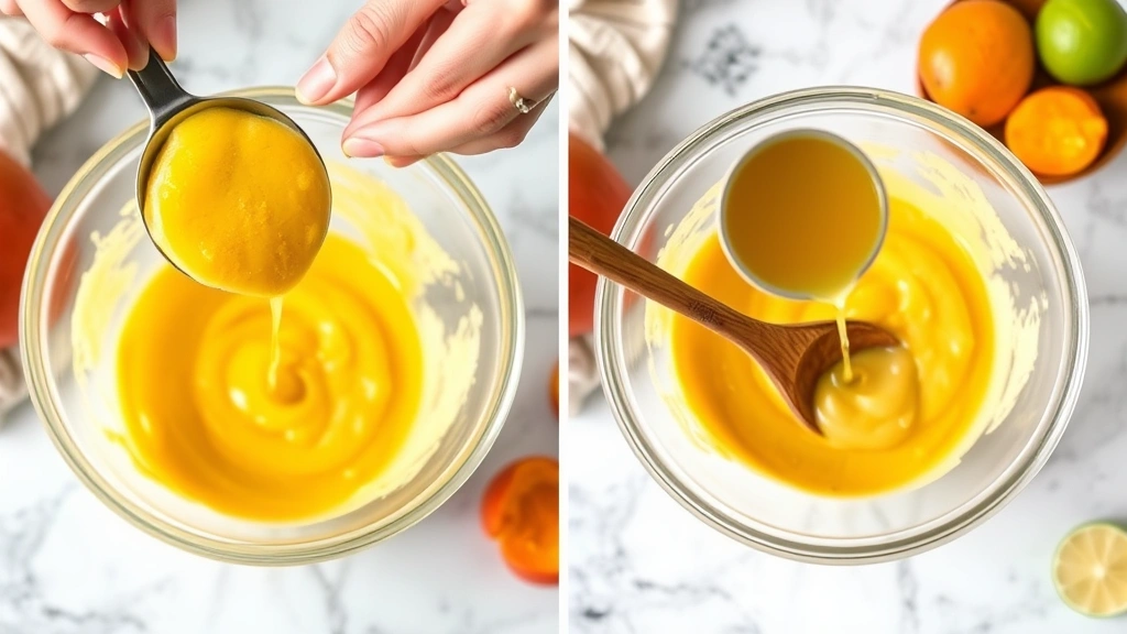 process: hand scooping smooth mango puree into glass bowl, simple syrup being poured in, wooden spoon stirring, mango flesh and lime visible on marble countertop, photorealistic, natural kitchen light, no text