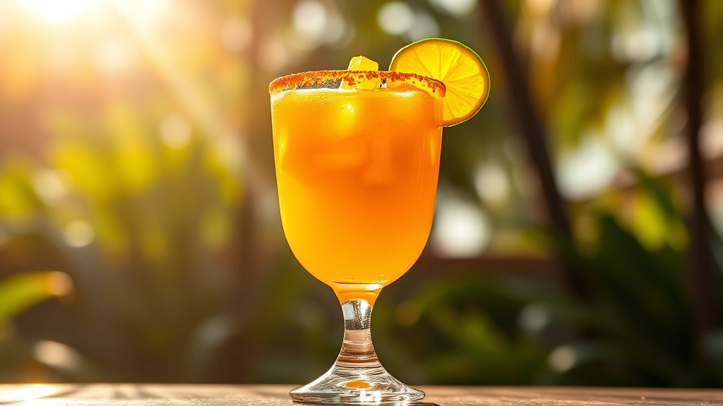 hero: vibrant golden-orange mangonada in glass with tajín rim, fresh mango chunks and lime wedge garnish, condensation on glass, natural sunlight streaming through, tropical setting, photorealistic, sharp focus, no text