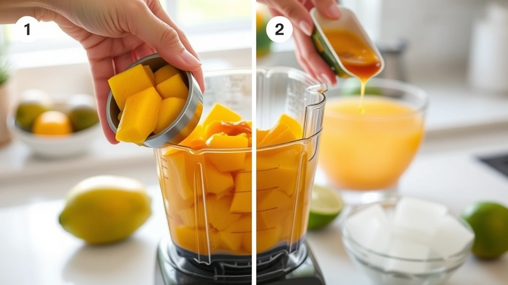process: hand scooping fresh mango flesh into blender, chopped mango pieces visible, chamoy sauce drizzle, lime juice being squeezed, ice cubes ready, bright kitchen counter, photorealistic, natural window light, no text