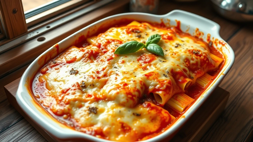 hero: bubbling manicotti in white ceramic baking dish, golden melted cheese on top, fresh basil garnish, steaming hot, photographed from above at slight angle, warm natural window light, rustic kitchen counter background