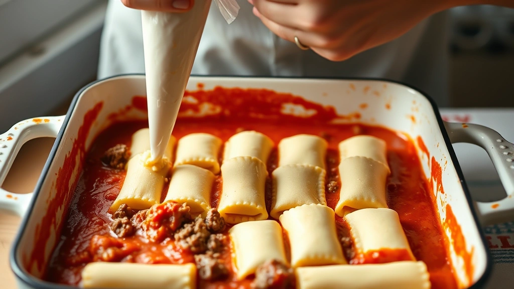 process: hands filling manicotti tubes with piping bag over red sauce in baking dish, ground beef and ricotta mixture visible, close-up action shot, natural daylight from window, no people visible except hands
