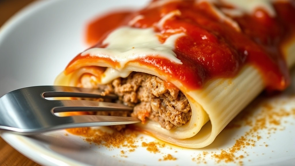 detail: cross-section of baked manicotti showing pasta tube filled with meat and ricotta mixture, melted cheese on top, marinara sauce, fork cutting through, warm lighting, shallow depth of field, wooden table surface