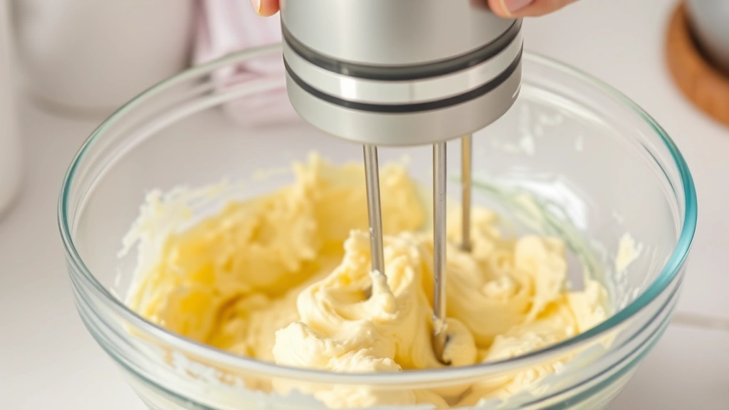process: hand mixing softened butter in glass bowl with electric mixer, creamy texture visible, photorealistic, bright kitchen lighting, no text